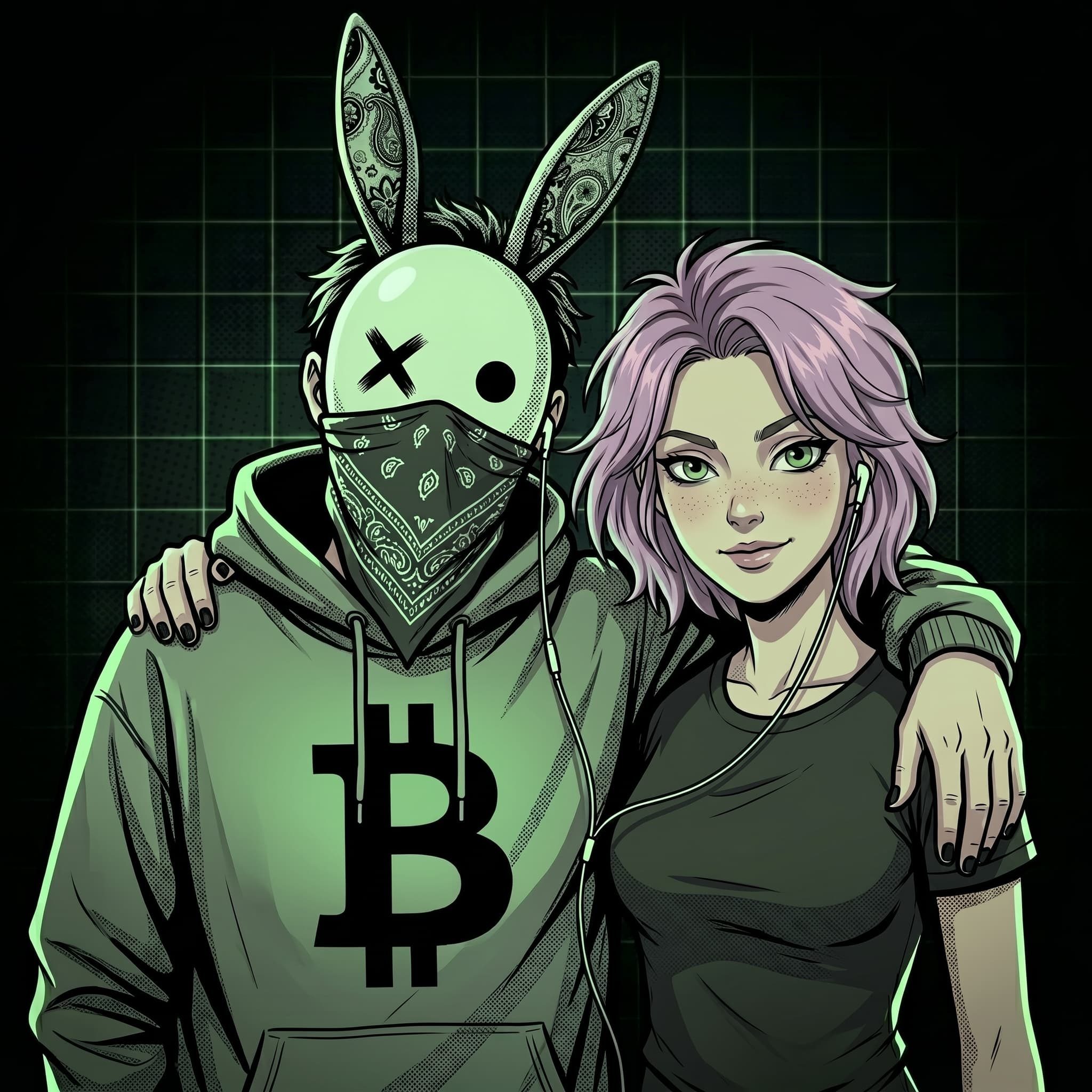 Arte IA: Helen e figura mascarada Bitcoin, estilo noir