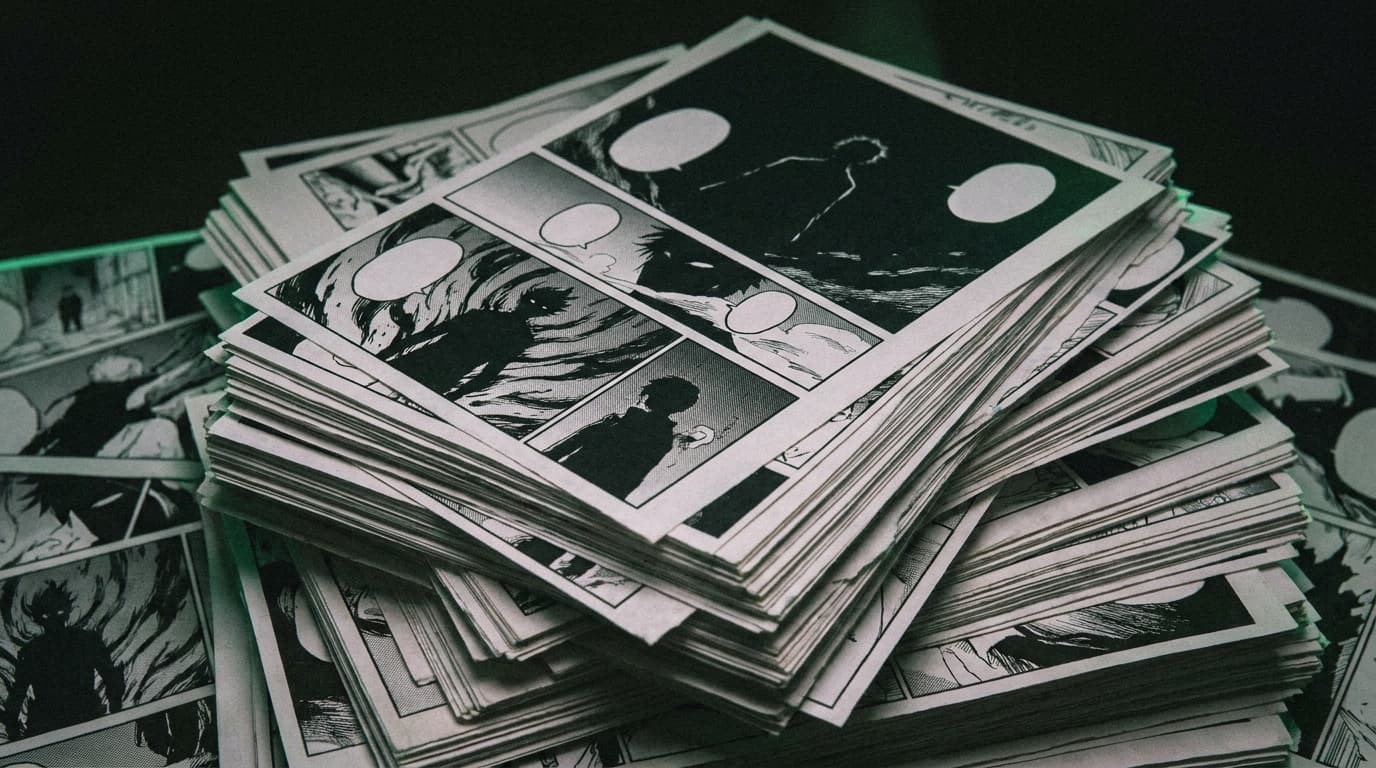 Arte IA: Mangá preto e branco, painéis dramáticos com luz esmeralda