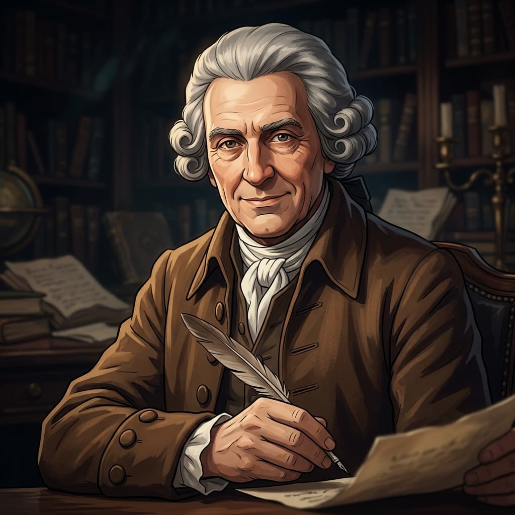 Adam Smith, filósofo iluminista, em retrato de arte IA com pena