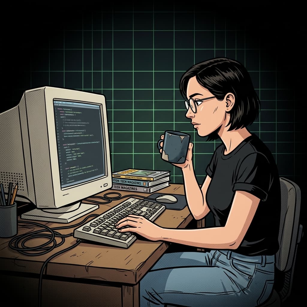 Mulher focada, arte digital de programadora com monitor CRT