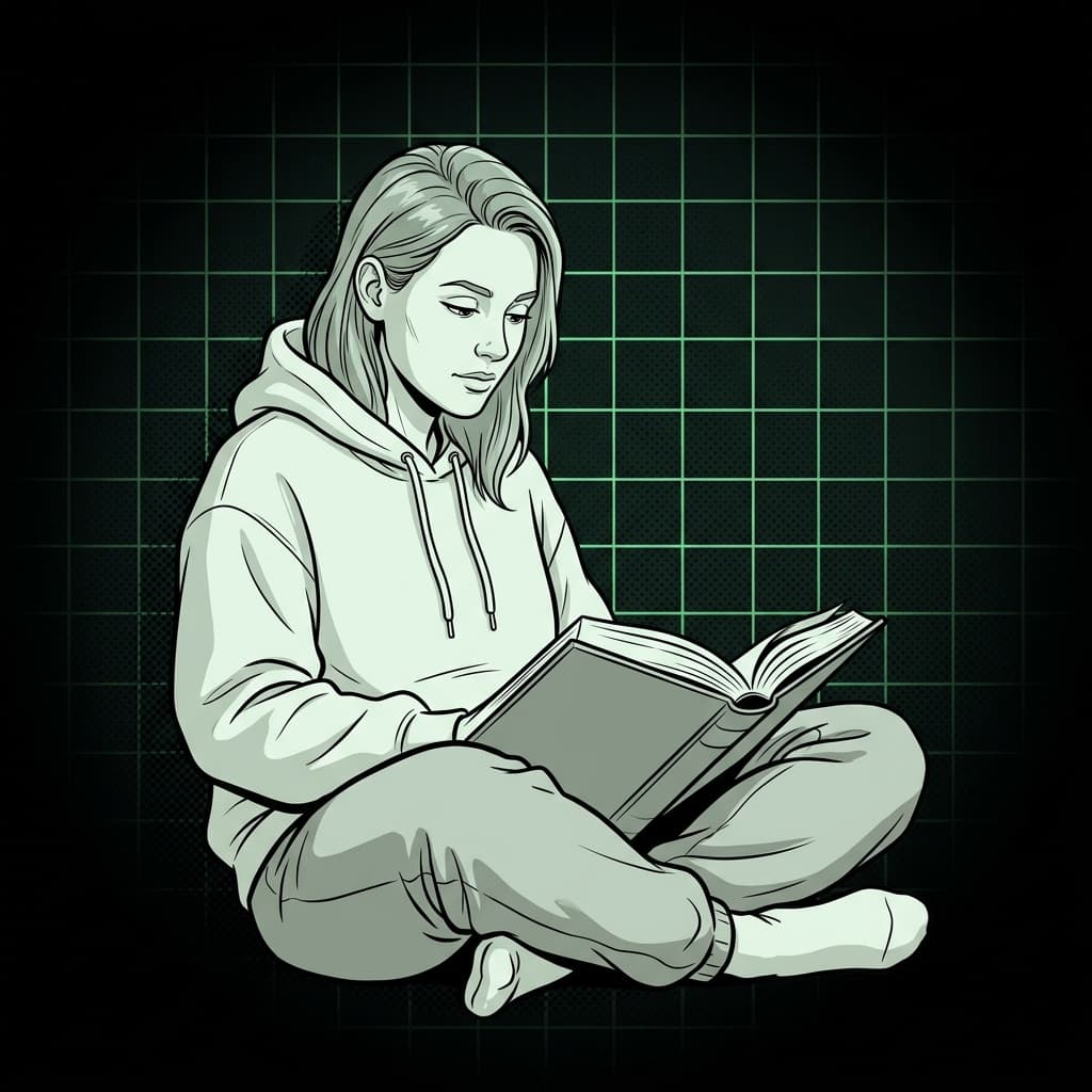 Ilustração IA: mulher lendo livro, momento de calma