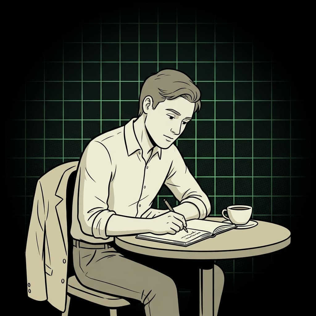 Jovem escrevendo à mão no café, ilustração de arte IA
