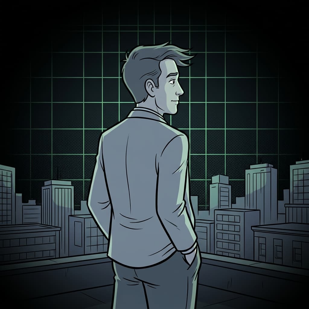 Ilustração IA: Figura contemplativa em telhado urbano ao anoitecer