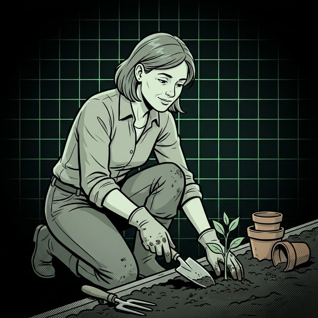 Ilustração editorial: mulher plantando muda no jardim
