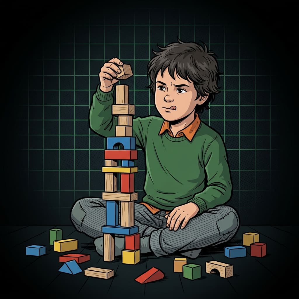 Ilustração editorial: criança montando torre de blocos