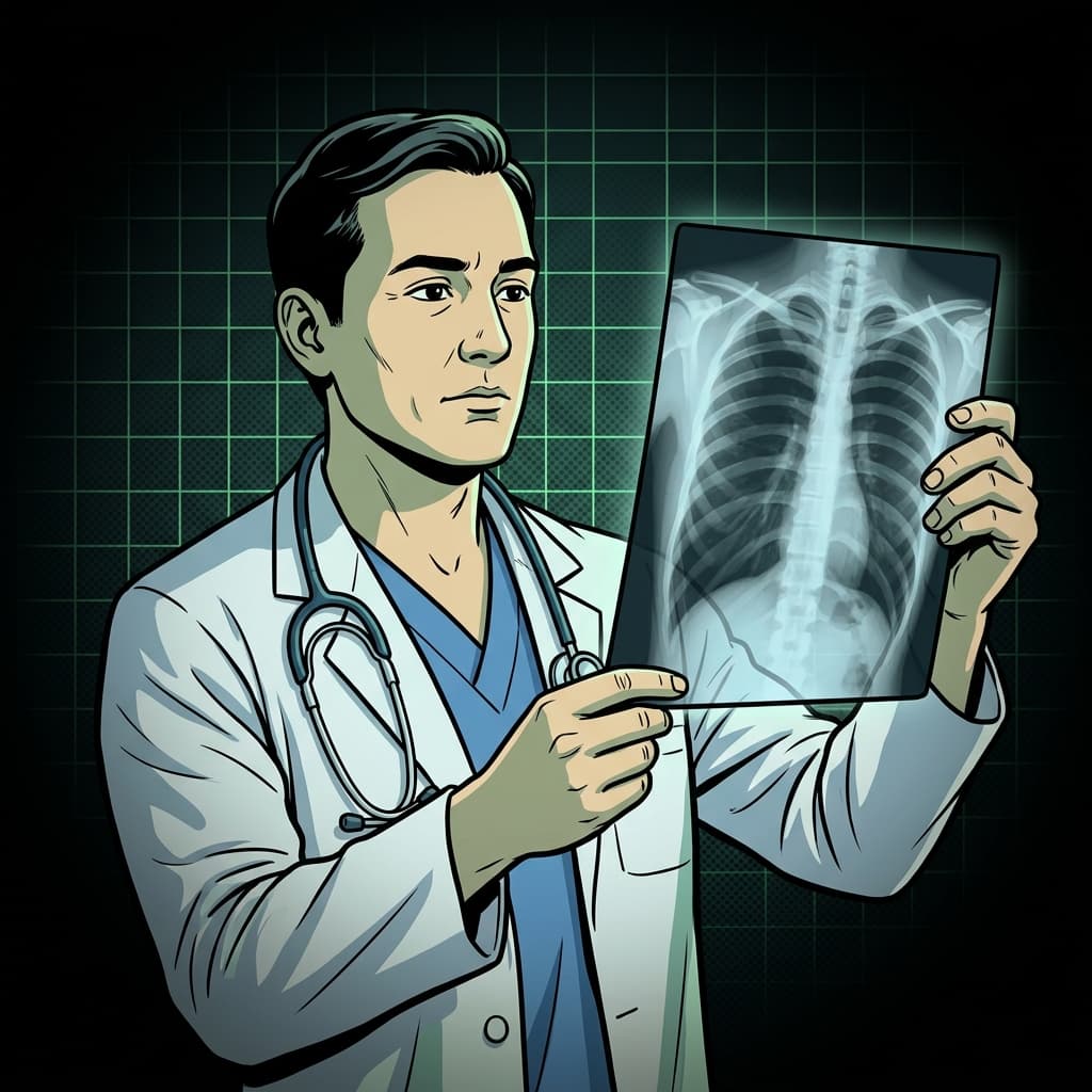 Ilustração IA de médico analisando raio-x com foco