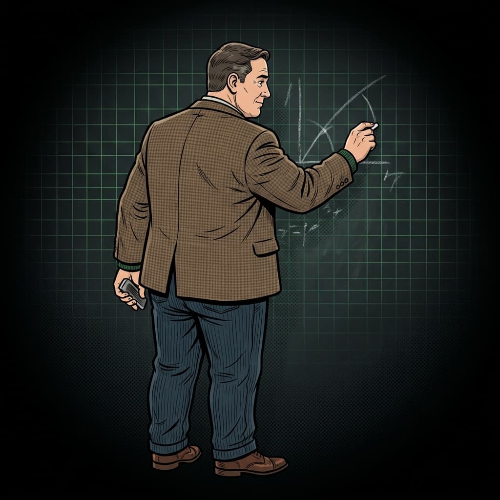 Ilustração editorial de professor escrevendo em quadro, arte digital