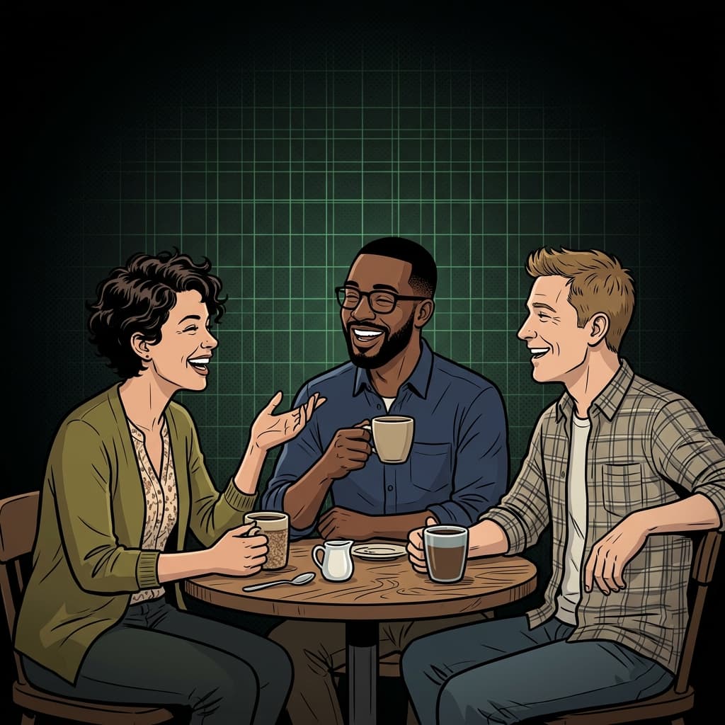 Arte IA: Amigos rindo e conversando no café