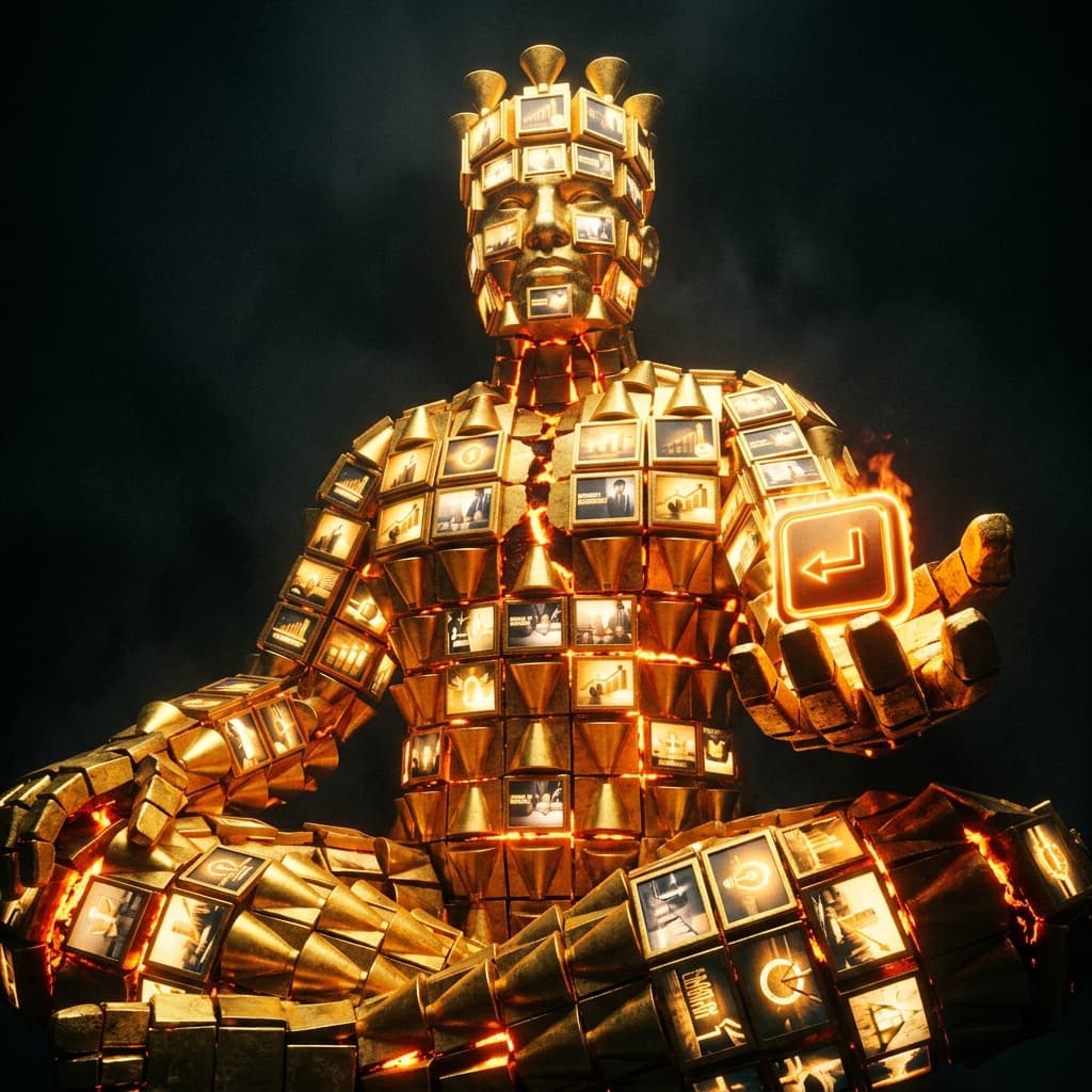 Arte IA: Guru digital dourado, funis de venda e atalho.
