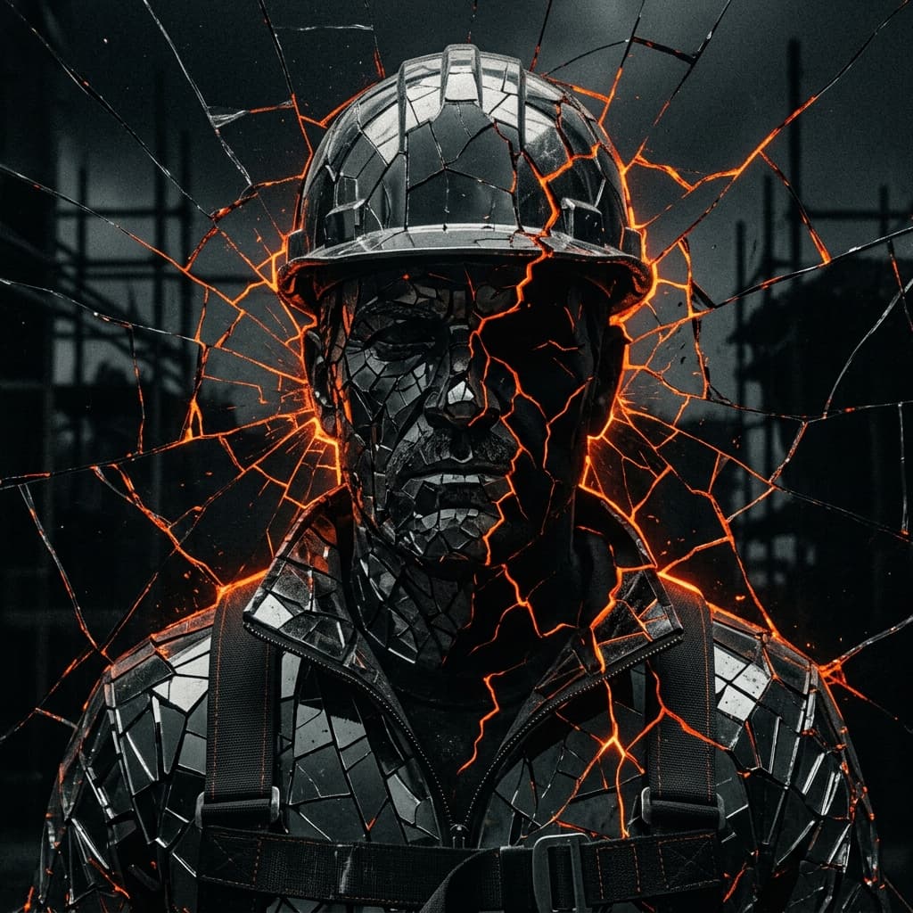 Arte IA: Busto de Construtor em Espelho Rachado e Fraturas Luminosas