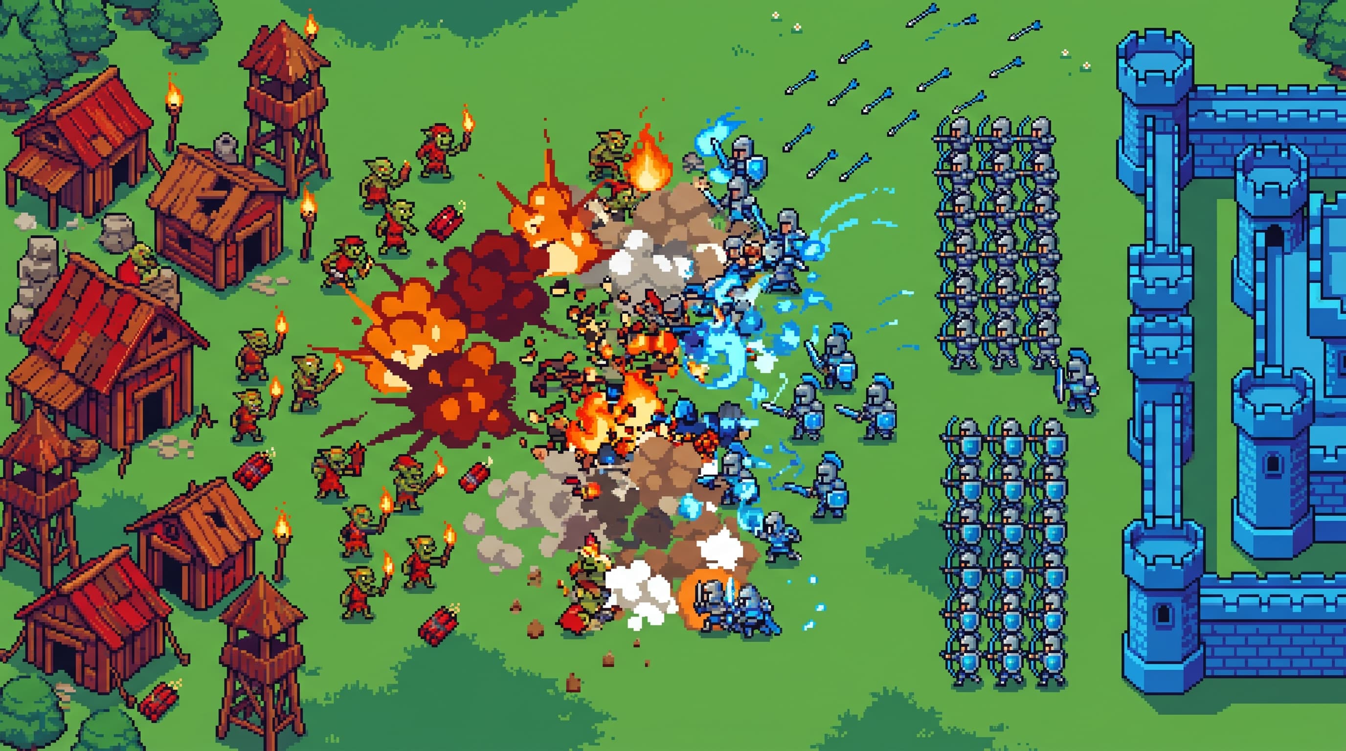 Arte IA: Confronto épico pixel art de goblins e cavaleiros