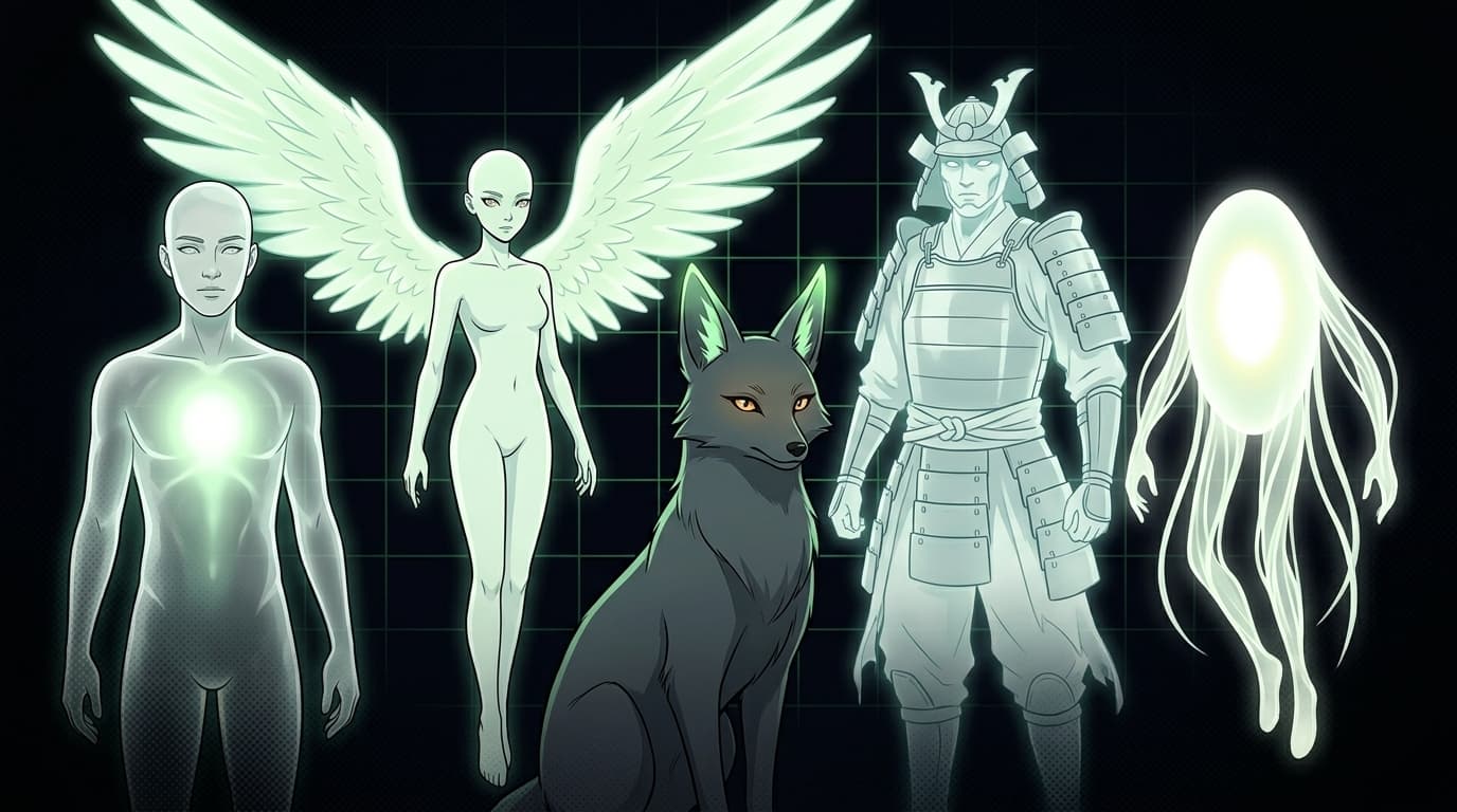 Arte IA: cinco seres sintéticos diversos, ilustração editorial anime