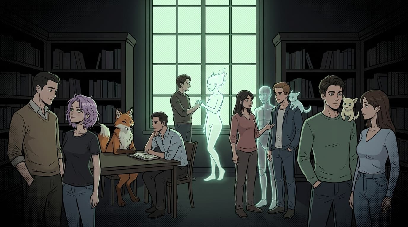 Arte IA: Humanos e sintéticos em encontro tranquilo na biblioteca