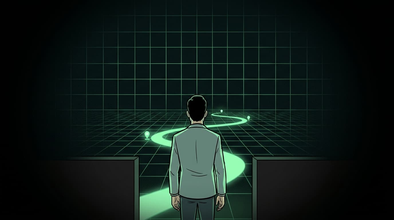 Arte digital: figura adulta contemplando caminho verde futurista
