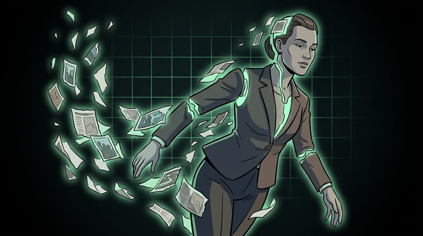 Ilustração IA: Figura sintética se unindo em fragmentos digitais