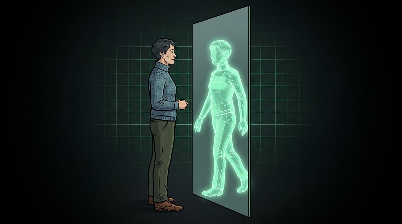 Arte IA: figura adulta, reflexo sintético verde no espelho