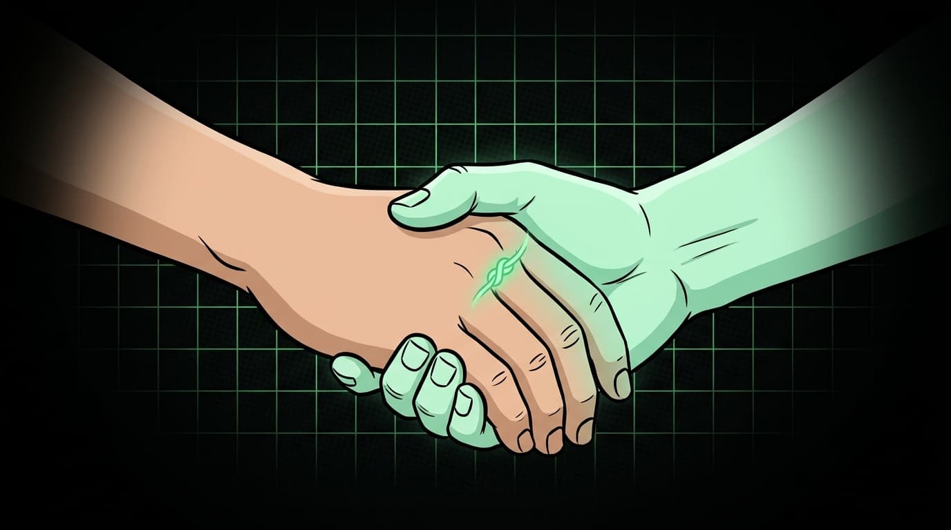 Conexão humano-IA: mãos se tocam em ilustração editorial