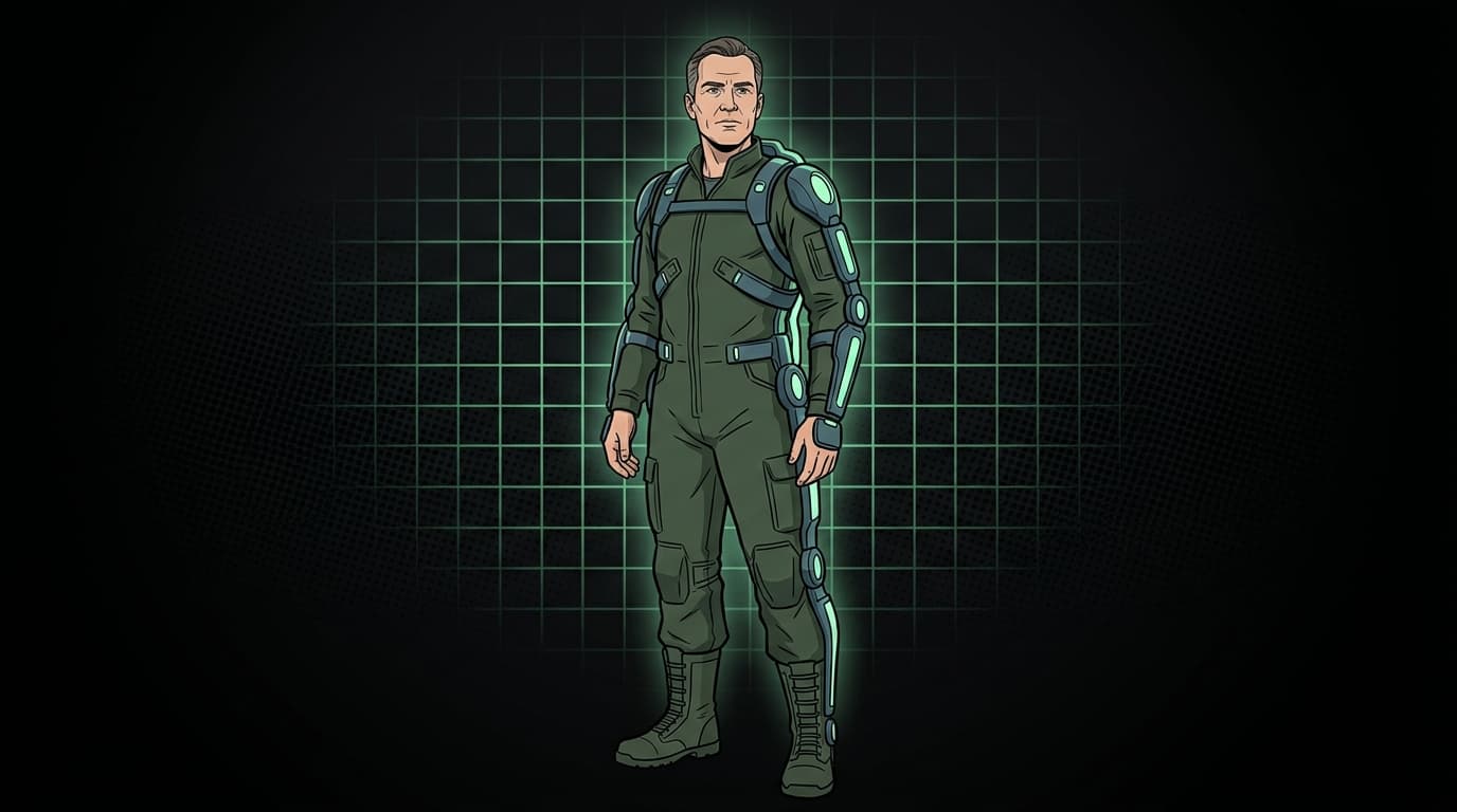 Personagem futurista com exoesqueleto verde: arte IA