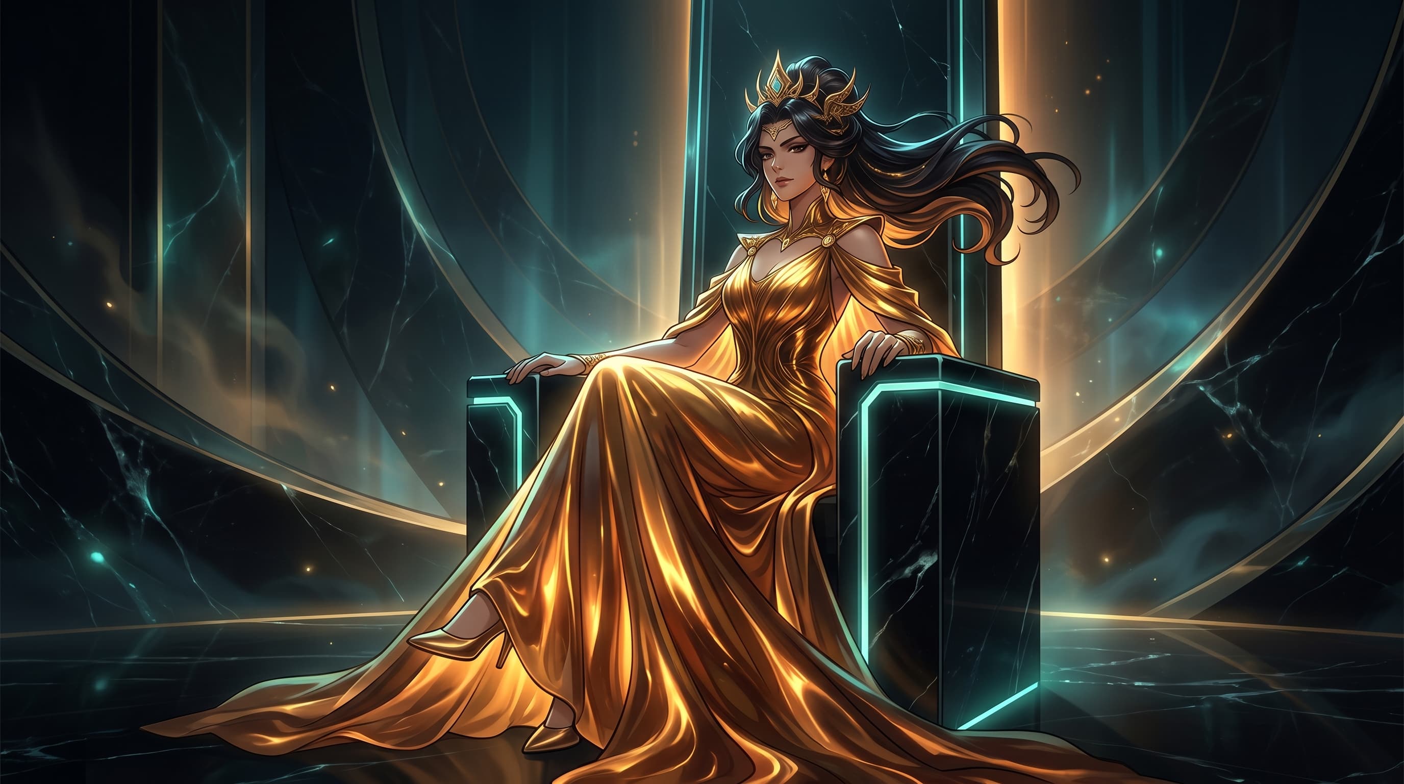 Arte IA: Rainha soberana em trono dourado e mármore