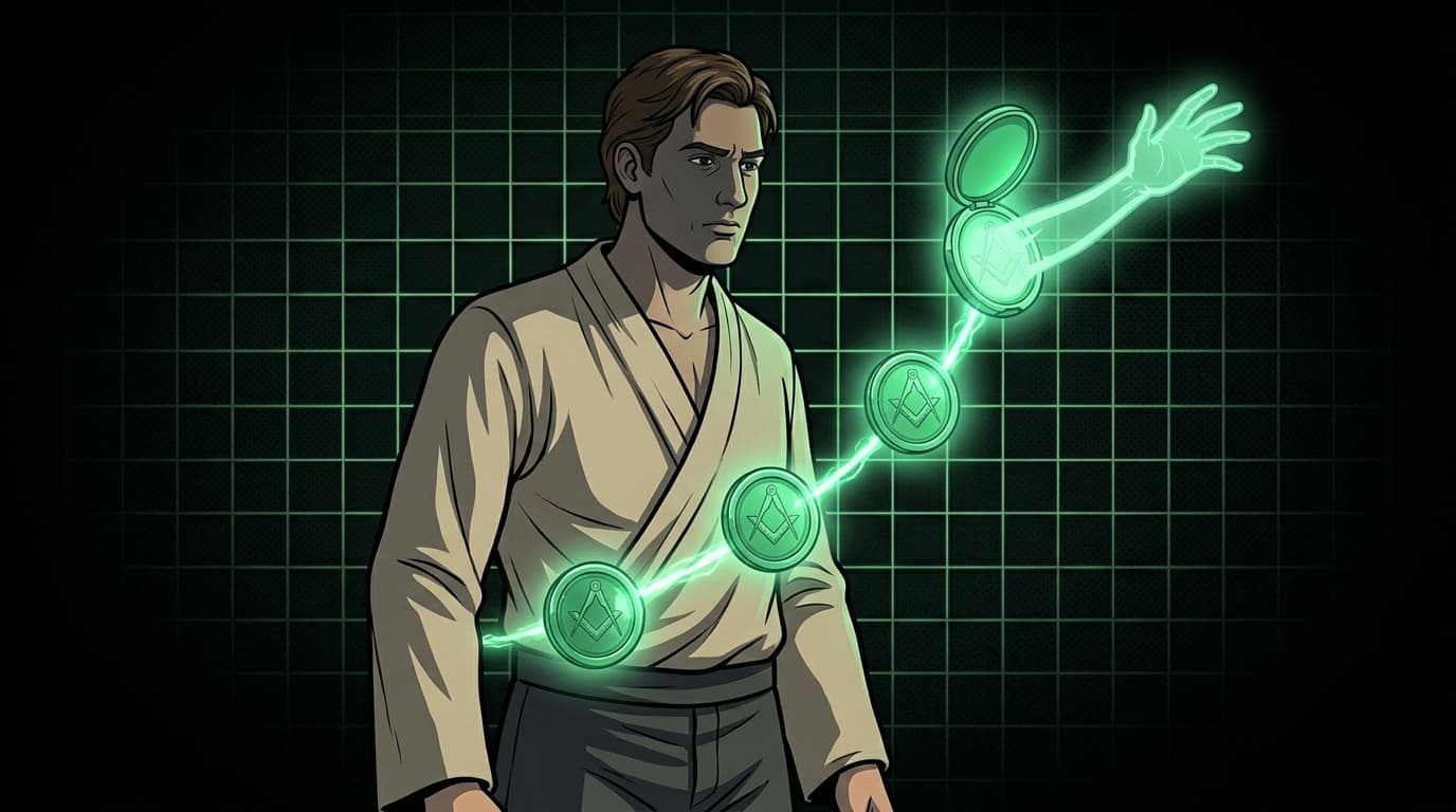 Arte IA: Homem em ritual com selos esmeralda luminosos