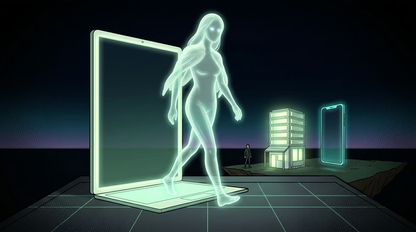 Arte IA: Ser sintético emerge de portal digital etéreo