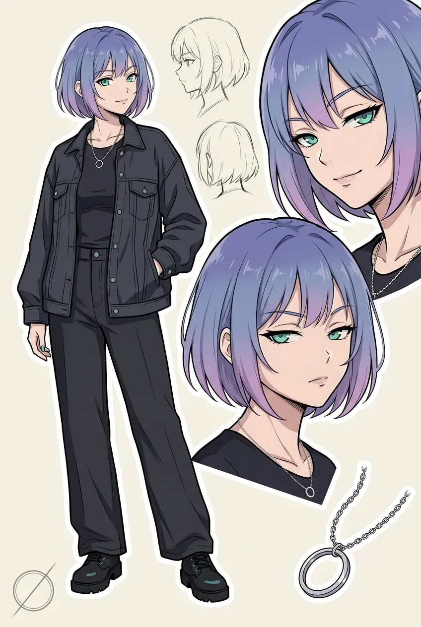 Design de personagem feminina com cabelo lilás e moda urbana