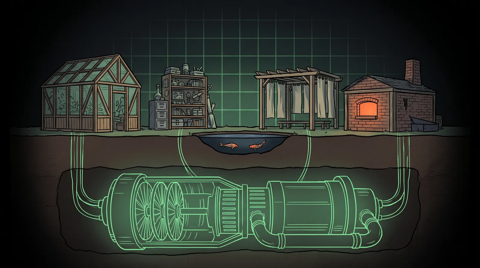 Corte do subsolo: um único motor gigante de luz verde enterrado embaixo da terra, alimentando quatro construções completamente diferentes na superfície.
