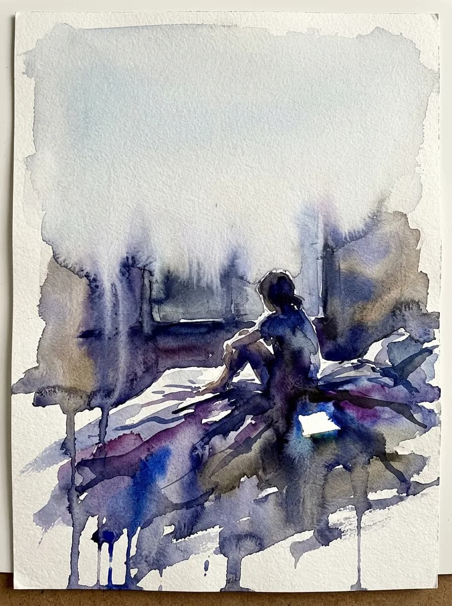 Aquarela de figura solitária ao entardecer