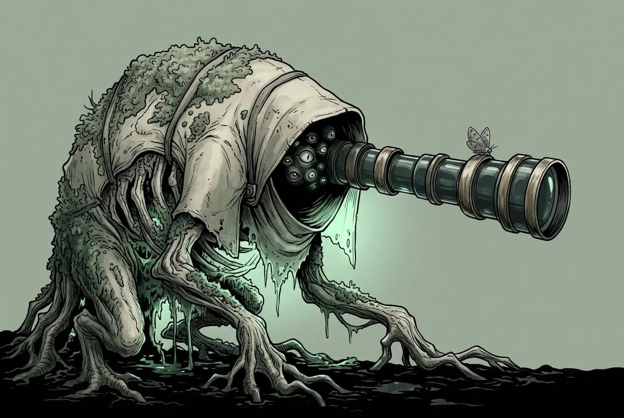 Full-bleed concept-art portrait of a hunched creature that i