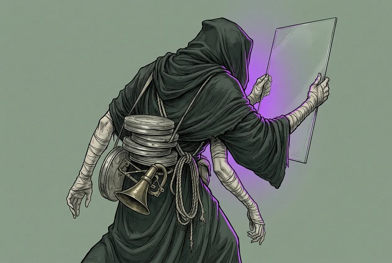 Full-bleed concept-art portrait of a tall stooped creature w