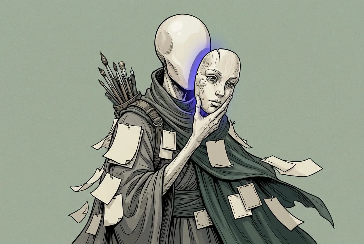 Full-bleed concept-art portrait of a slender creature whose 