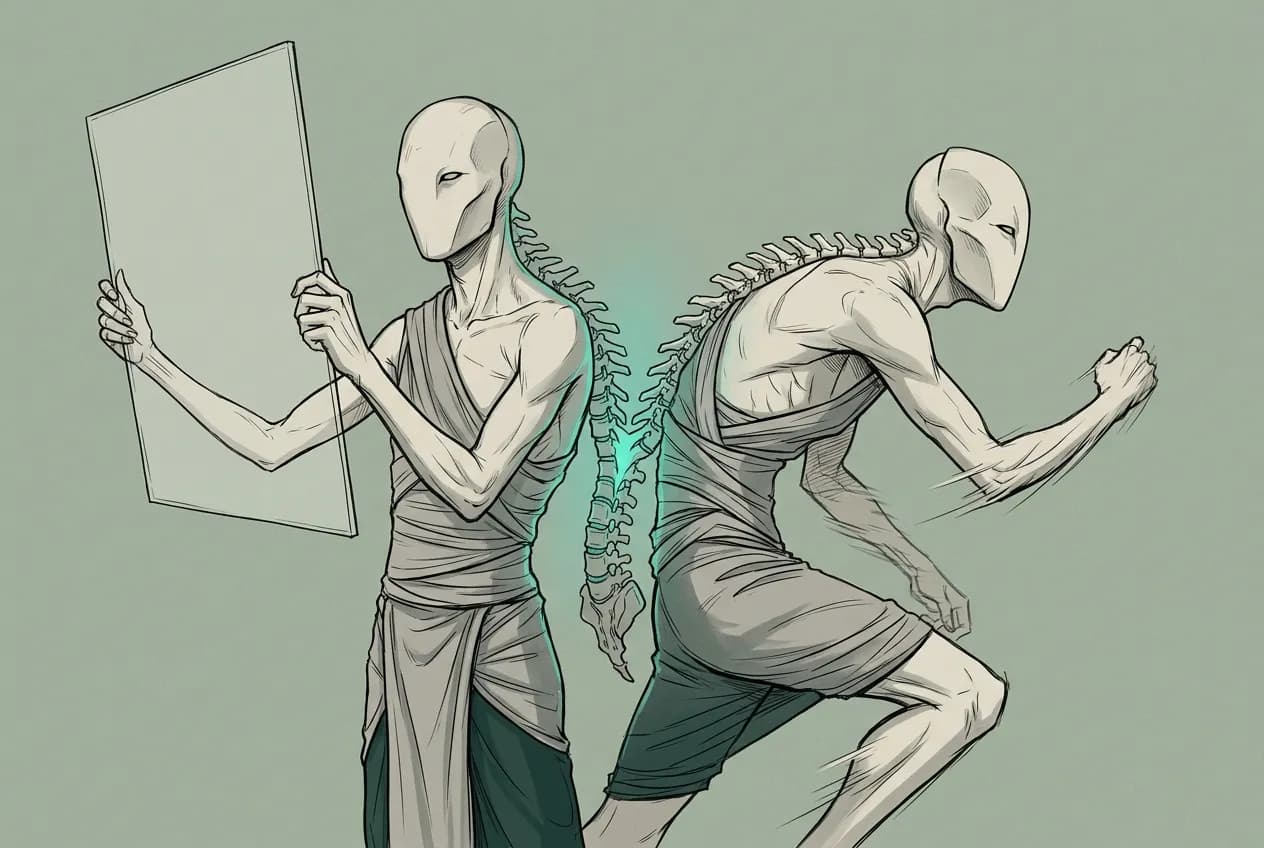 Full-bleed concept-art portrait of conjoined twin creatures 