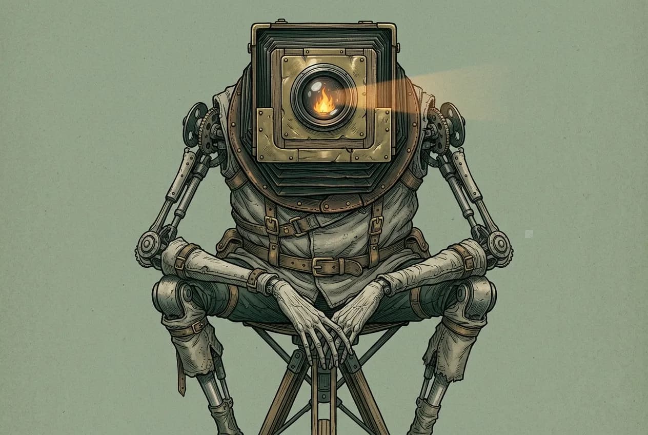 Full-bleed concept-art portrait of a seated creature facing 