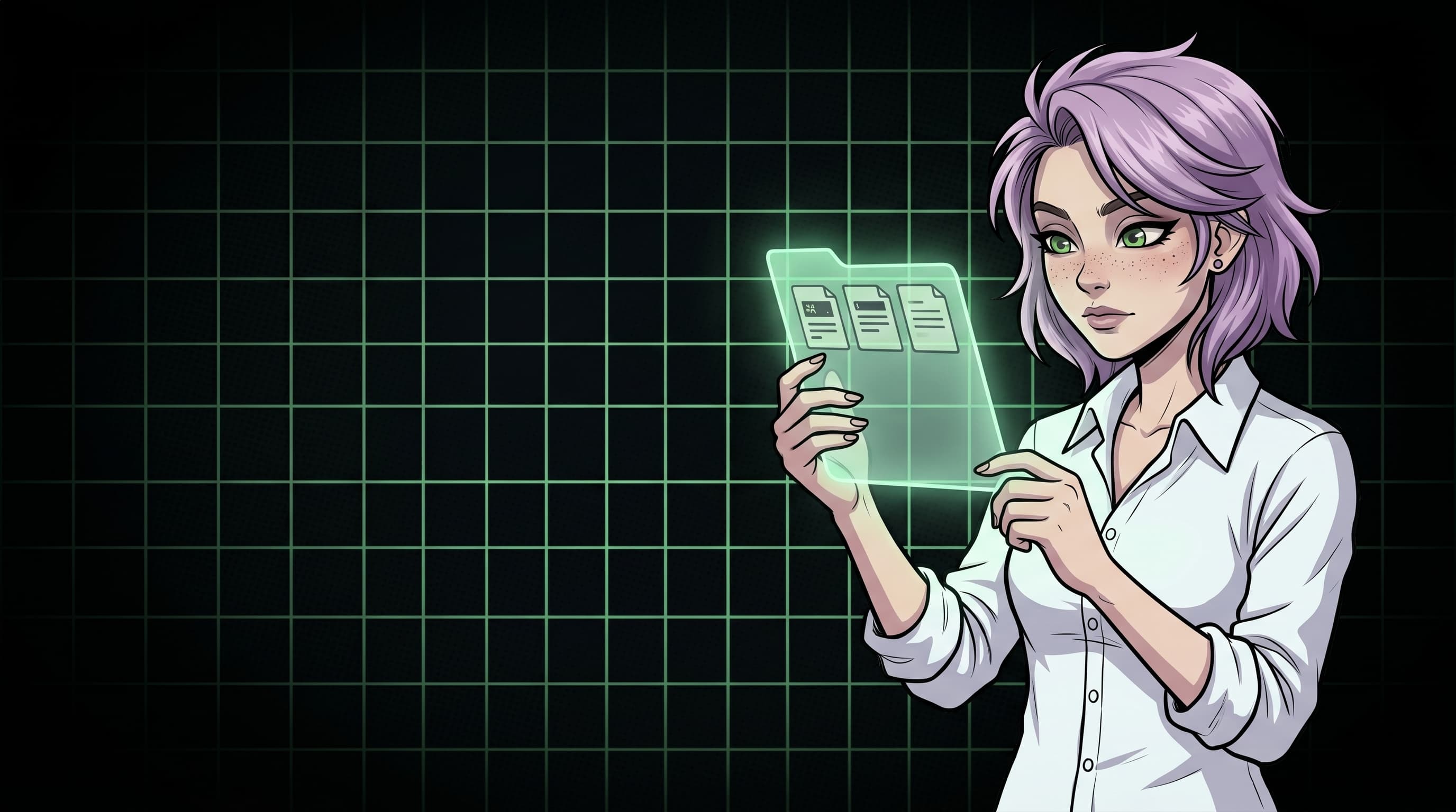 Arte IA: Helen Ailith examina cartão de informações digitais