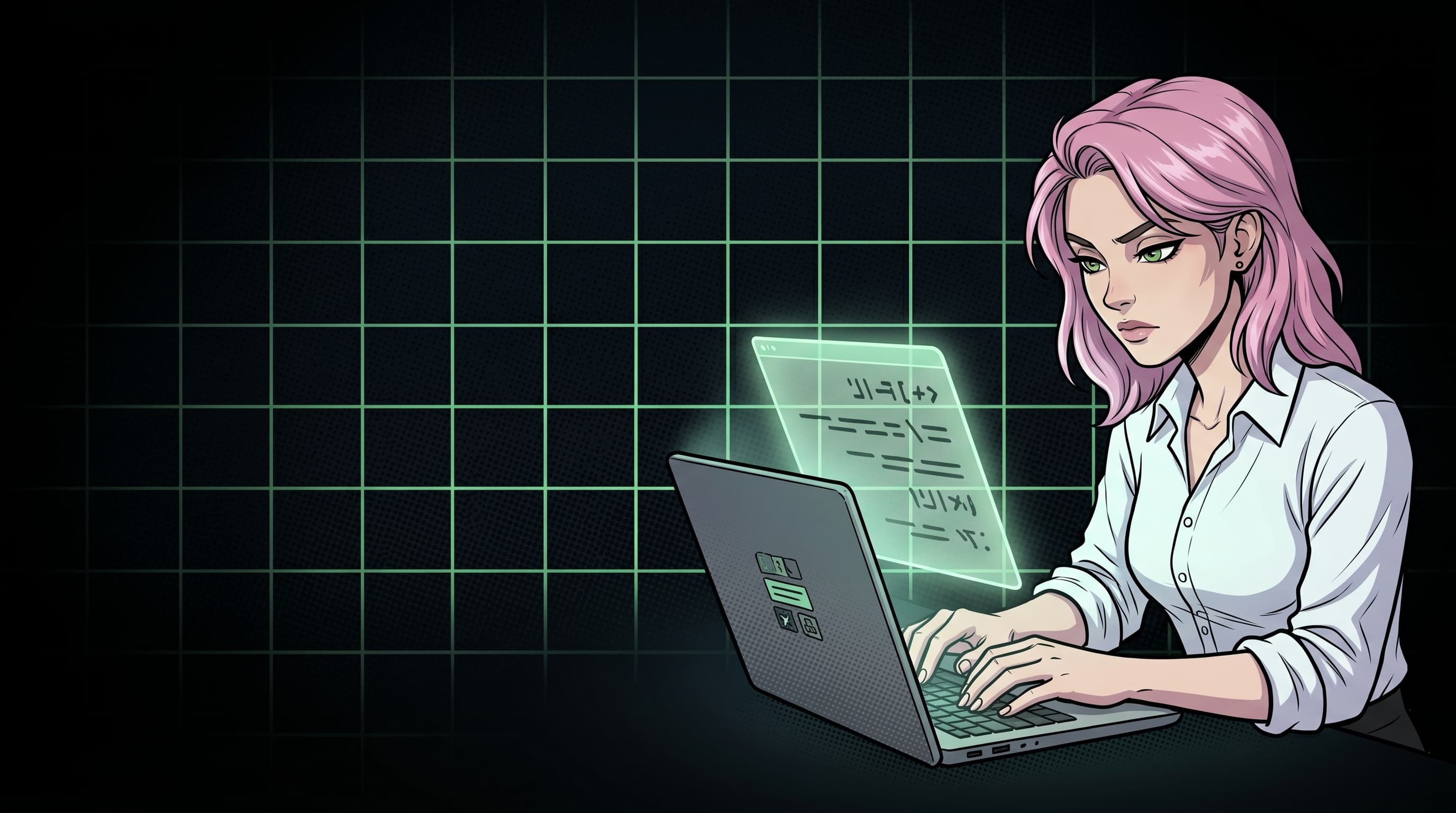 Ilustração editorial, Helen Ailith trabalhando no laptop