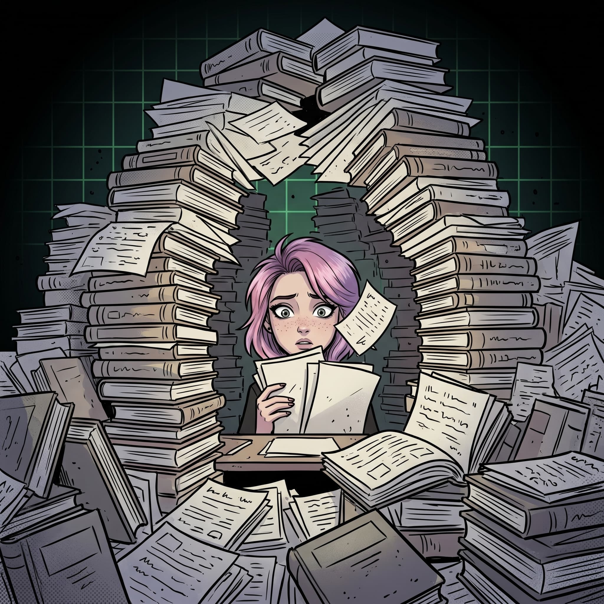 Ilustração IA de Helen Ailith, sobrecarga de livros e papéis