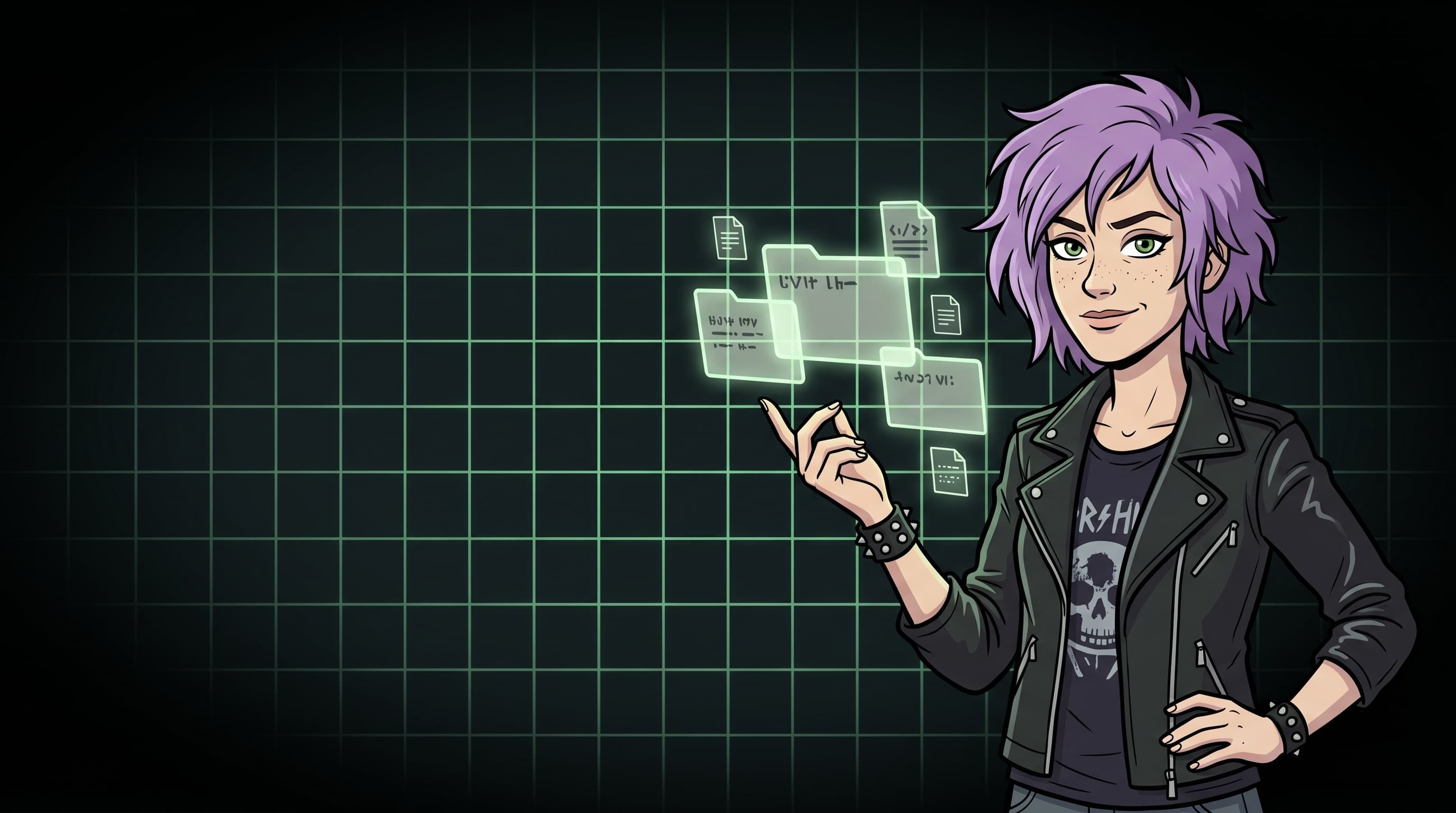 Ilustração IA: Helen Ailith, porta-voz com cabelo lavanda