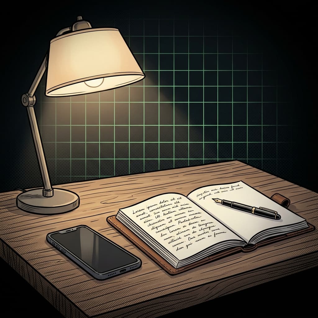 Mesa de trabalho focada, caderno e caneta, ilustração digital