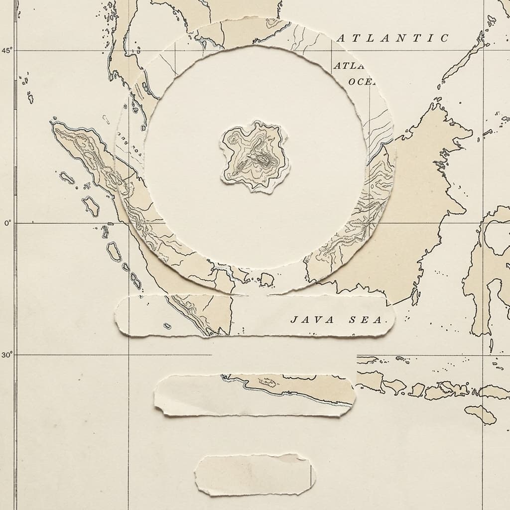 Arte IA: Anel de ilhas, traços de mapa, design documental