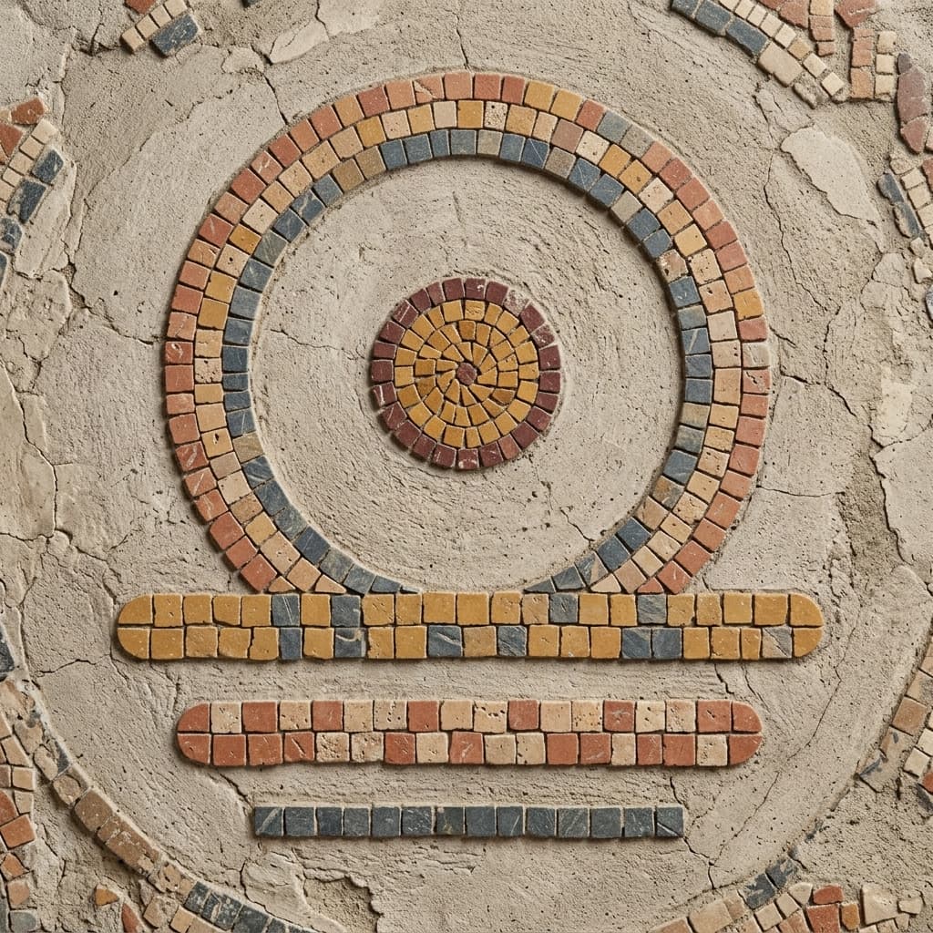 Mosaico romano antigo, símbolo geométrico em tons terrosos