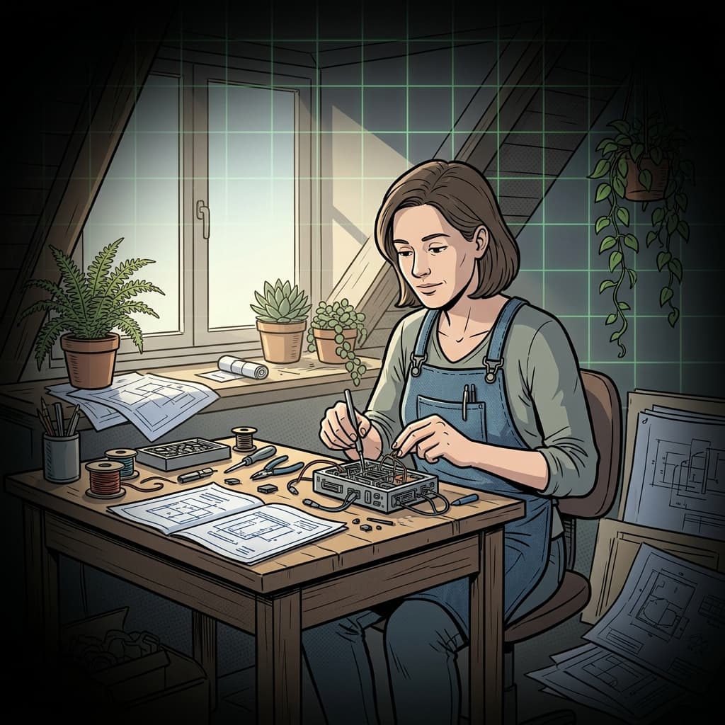Arte IA: Mulher em oficina criando tecnologia personalizada