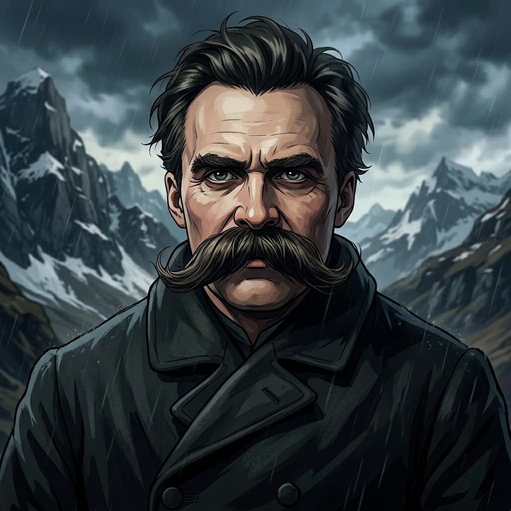 Friedrich Nietzsche: Retrato IA dramático do filósofo na montanha