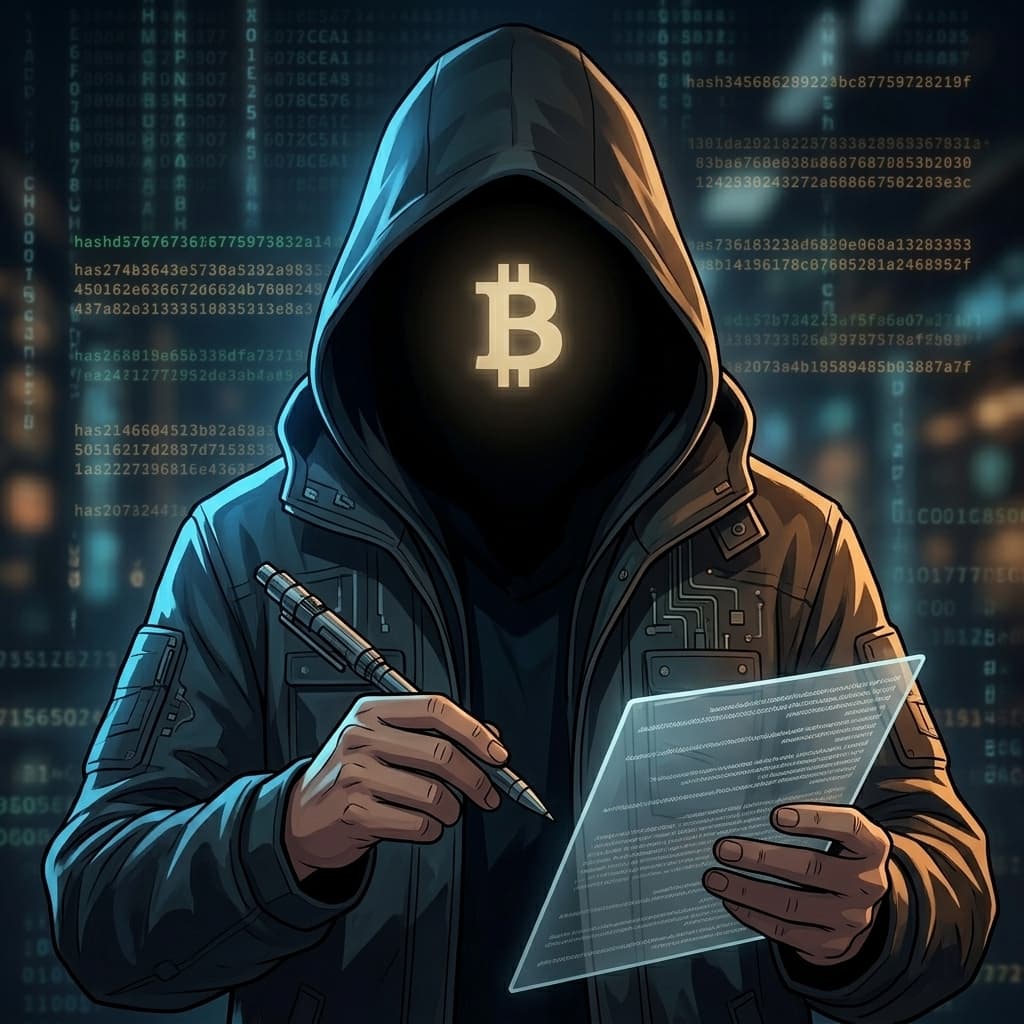 Satoshi Nakamoto: Retrato cyberpunk enigmático com Bitcoin