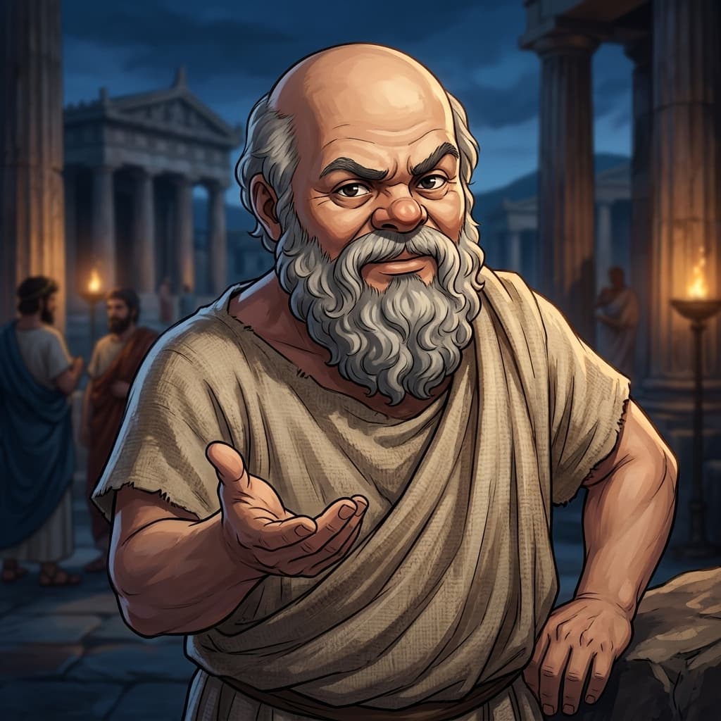 Sócrates questionador, retrato anime de filósofo grego, arte IA