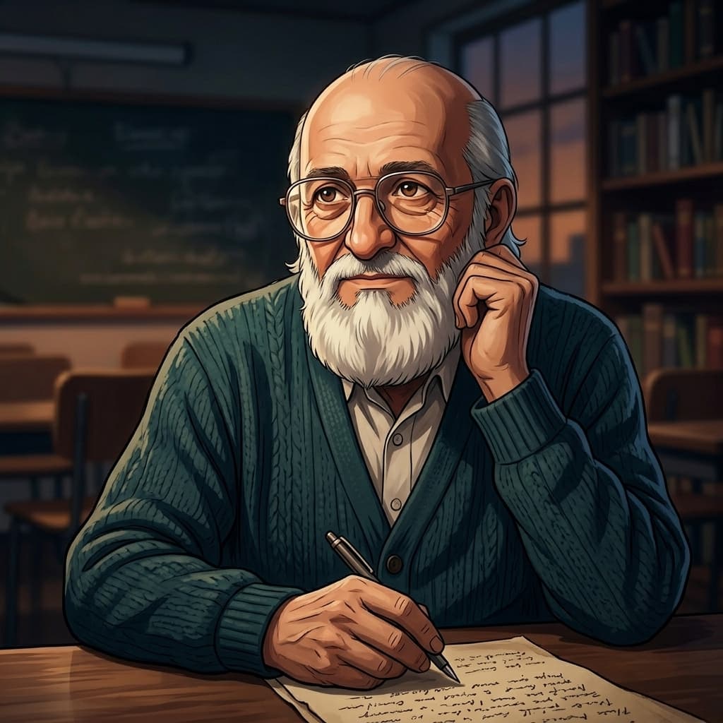 Paulo Freire: retrato IA estilo anime, pensador brasileiro