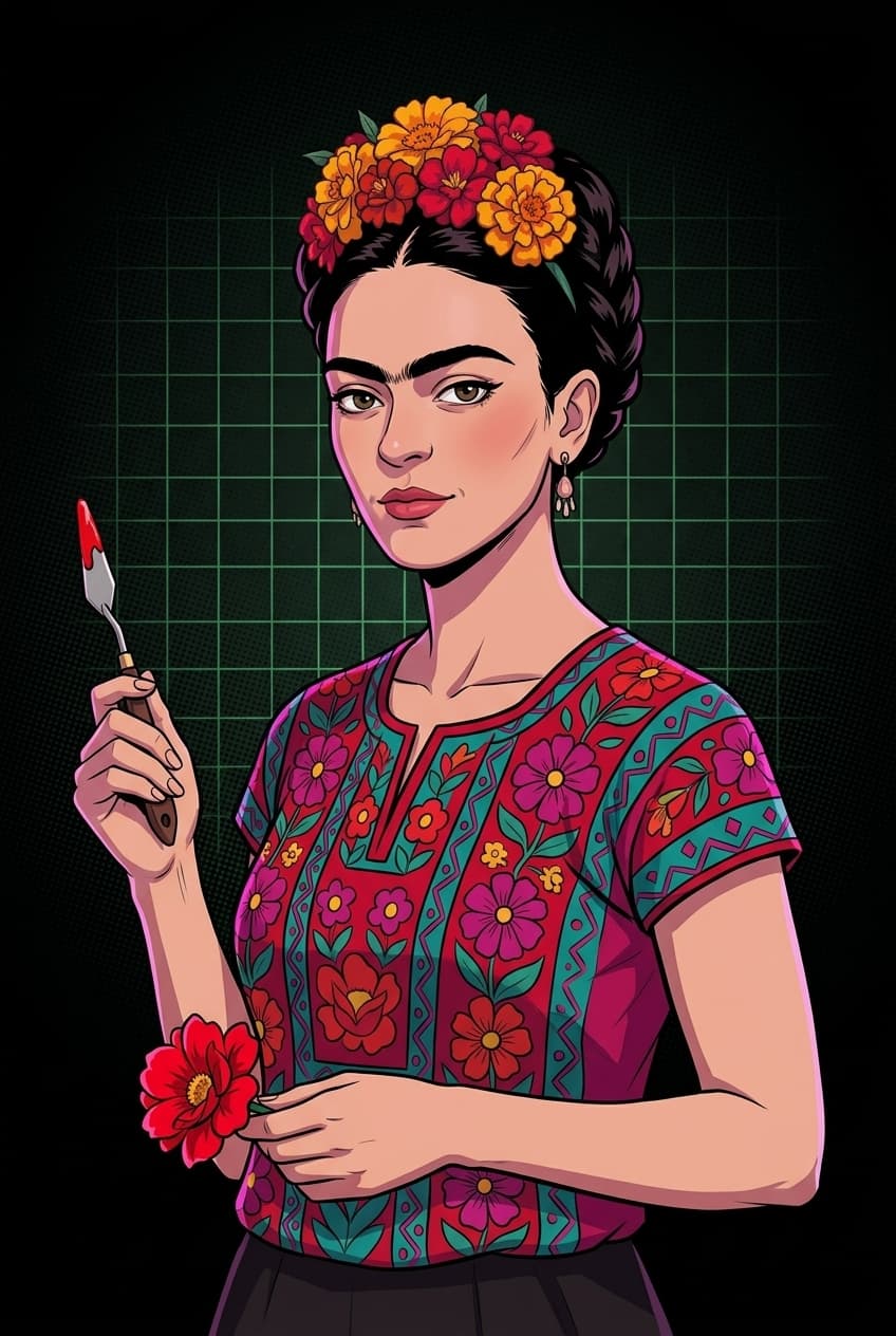 Frida Kahlo, retrato IA de mulher mexicana com flores vibrantes