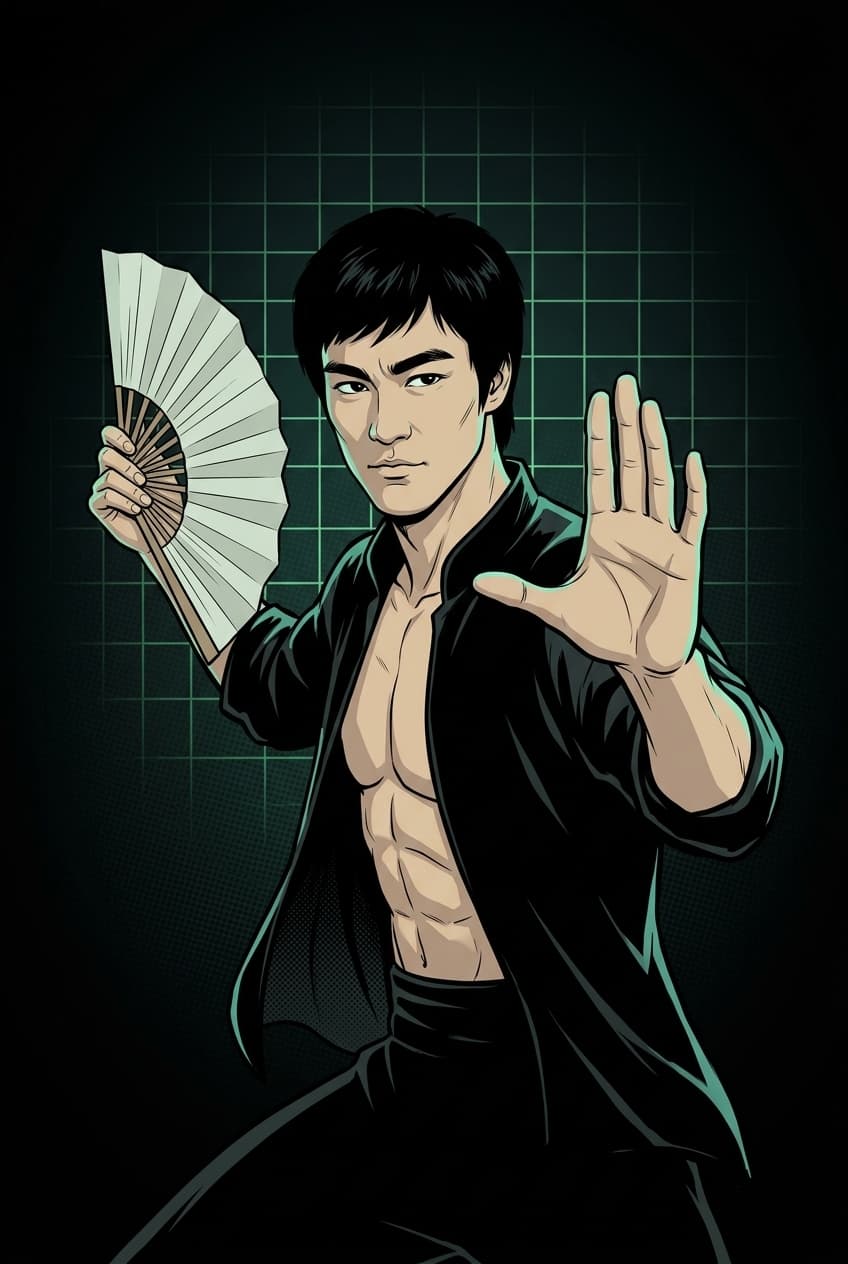 Bruce Lee, retrato editorial em estilo anime