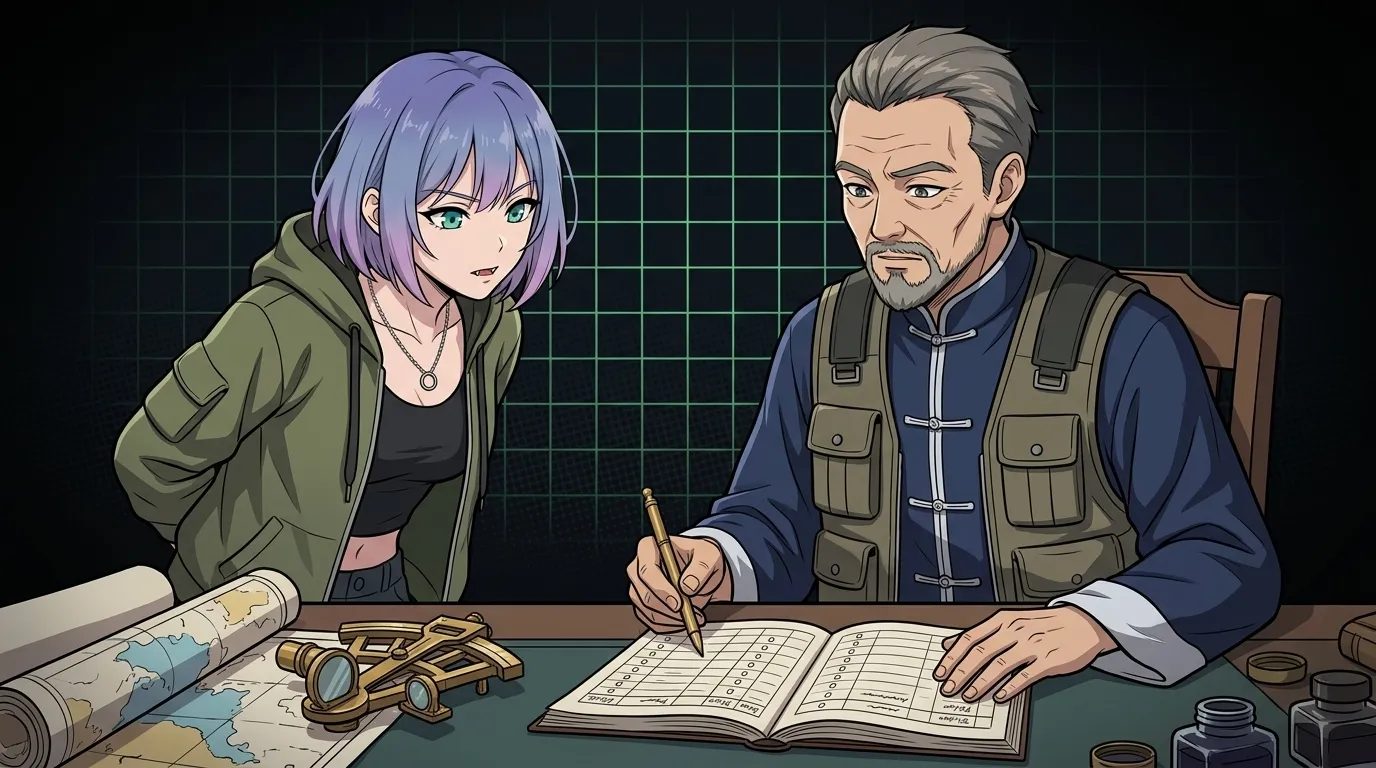 Estrategista naval e Helen em ilustração digital anime