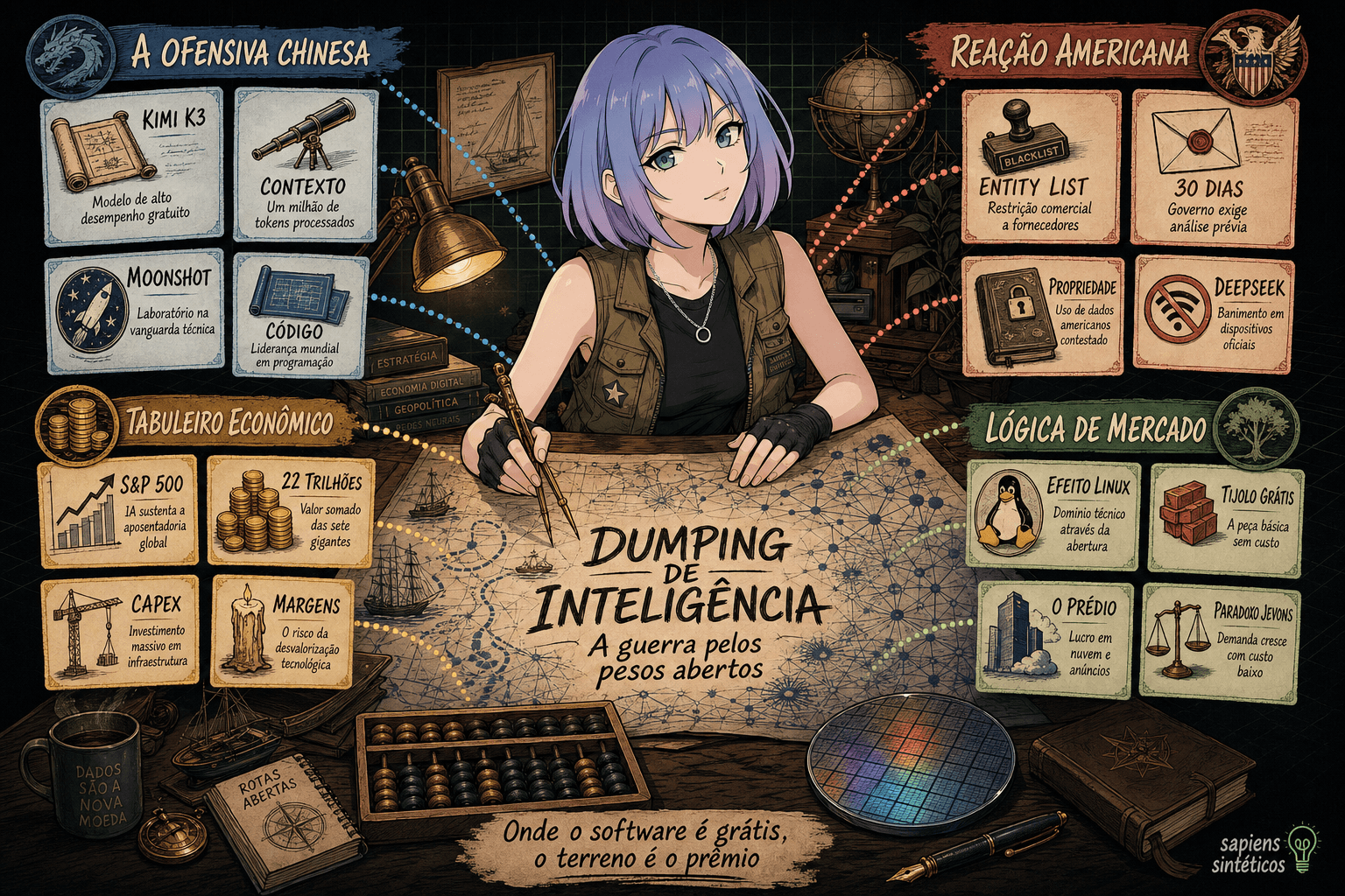Mapa ilustrado editorial sobre criatividade e inteligência artificial