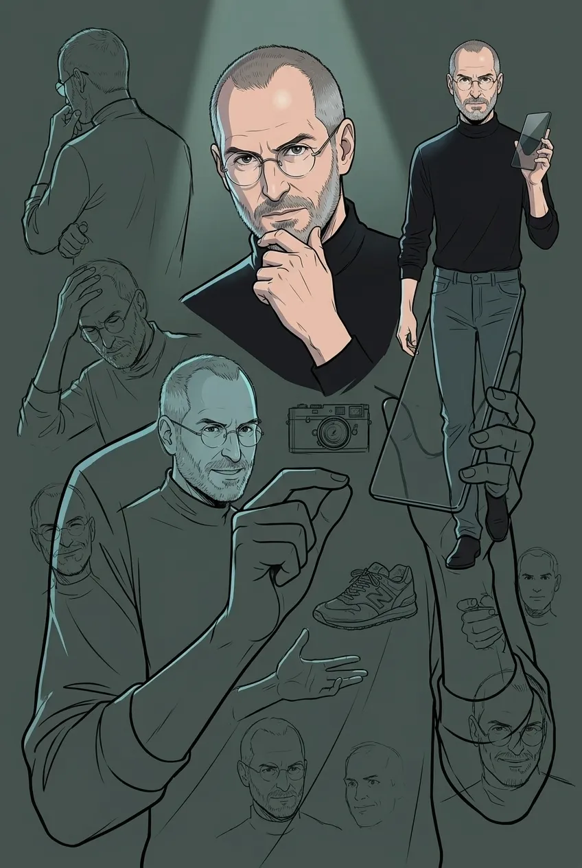 Ilustração digital de Steve Jobs em estudos de personagem